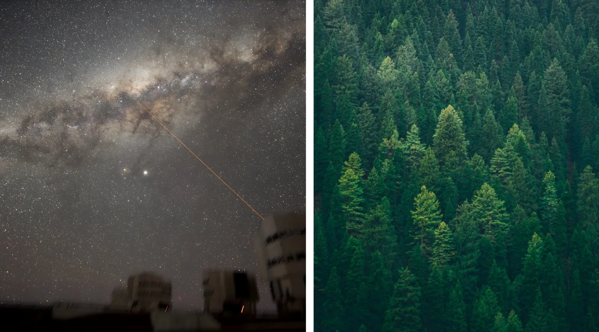 Milky Way stars visible over observatory domes with laser beam, highlighting science vs myth about trees and stars count.