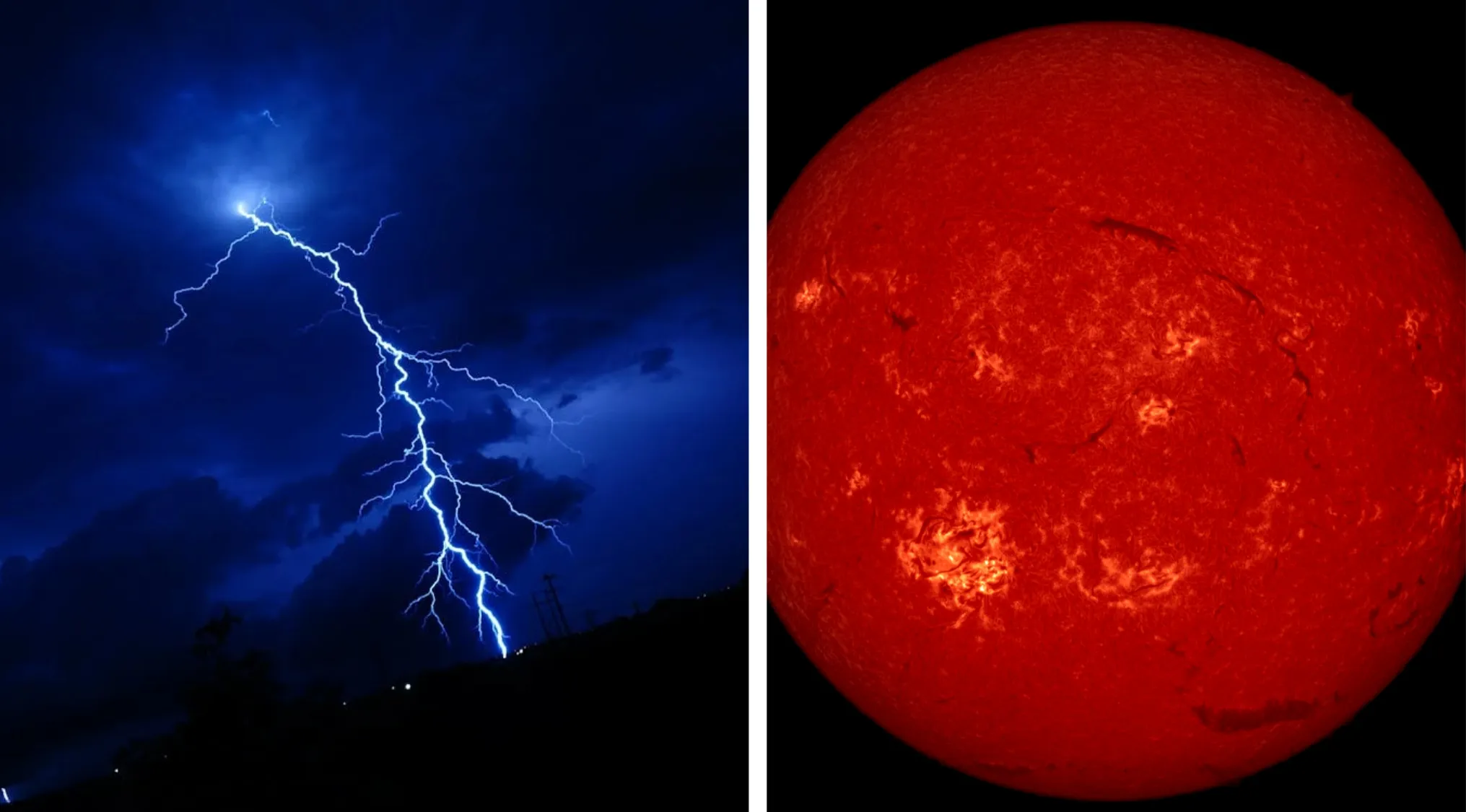 Bright lightning bolt striking during a dark stormy night illustrating lightning hotter than the surface of the Sun.