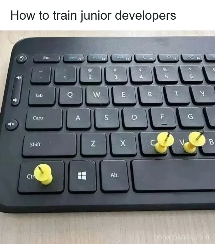 Black computer keyboard with pushpins inserted on Ctrl, C, and V keys illustrating a developer training meme.