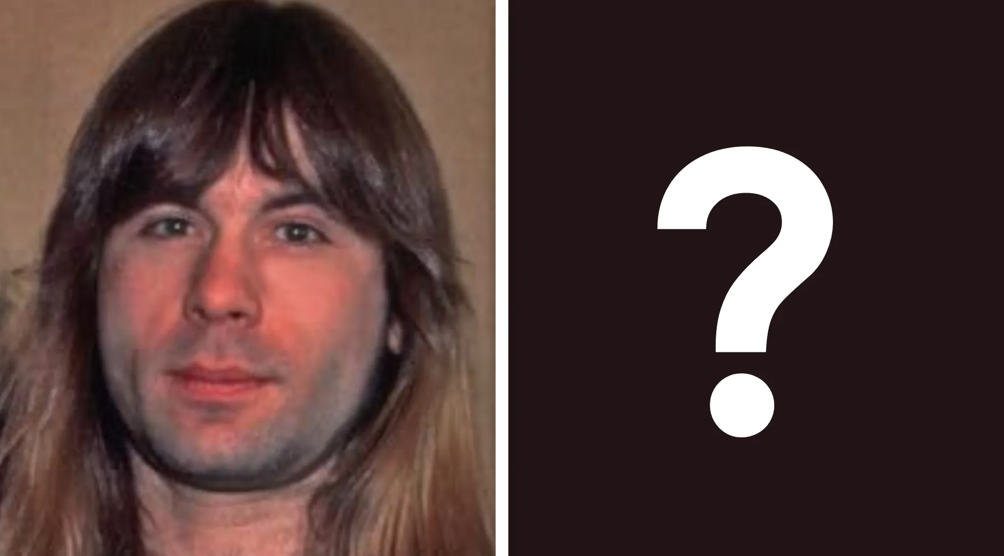 Bruce Dickinson portrait on left, with dark background and white question mark on right, related to music challenge bands.