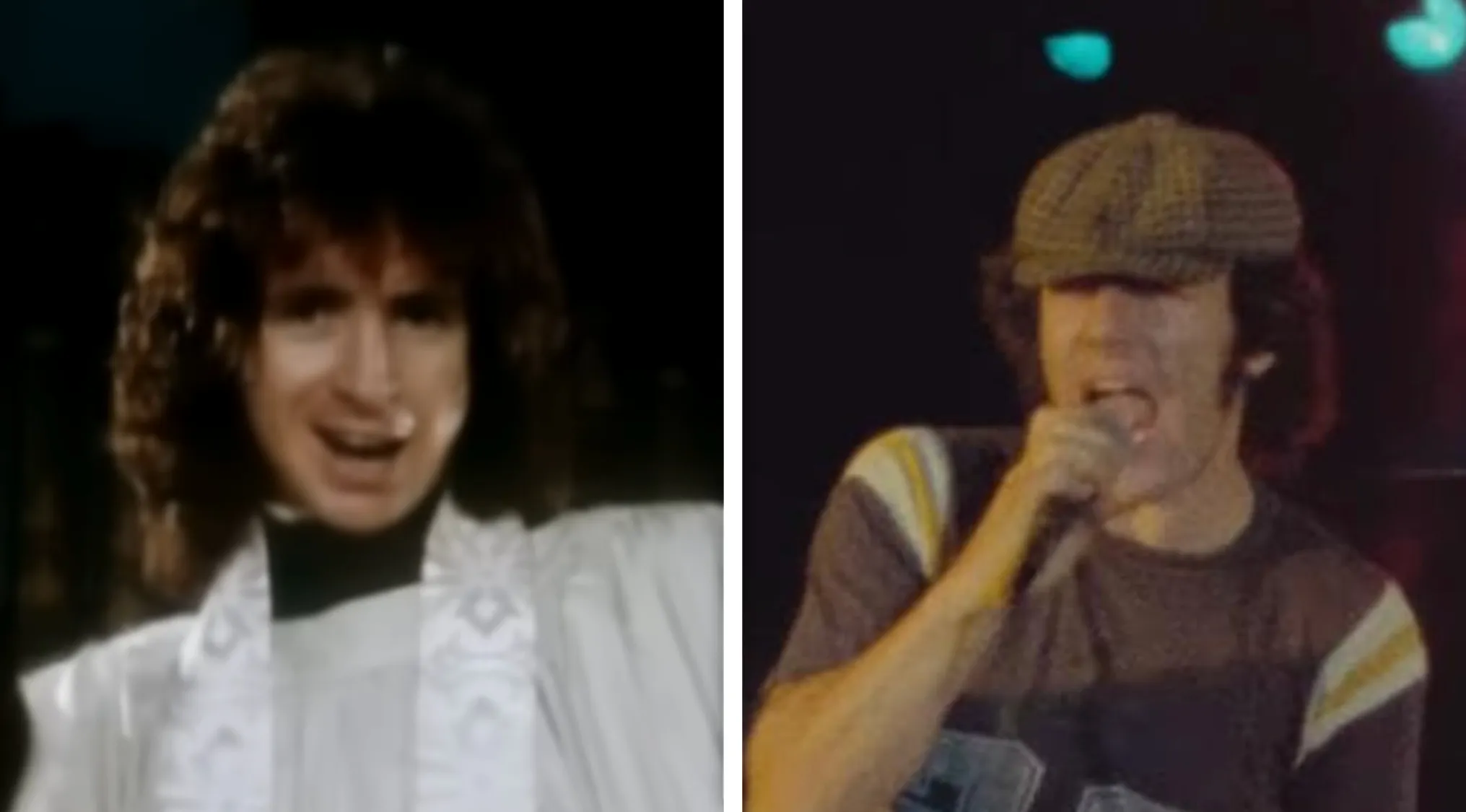 Two lead singers of the same band at different times performing on stage in classic rock attire music challenge band quiz