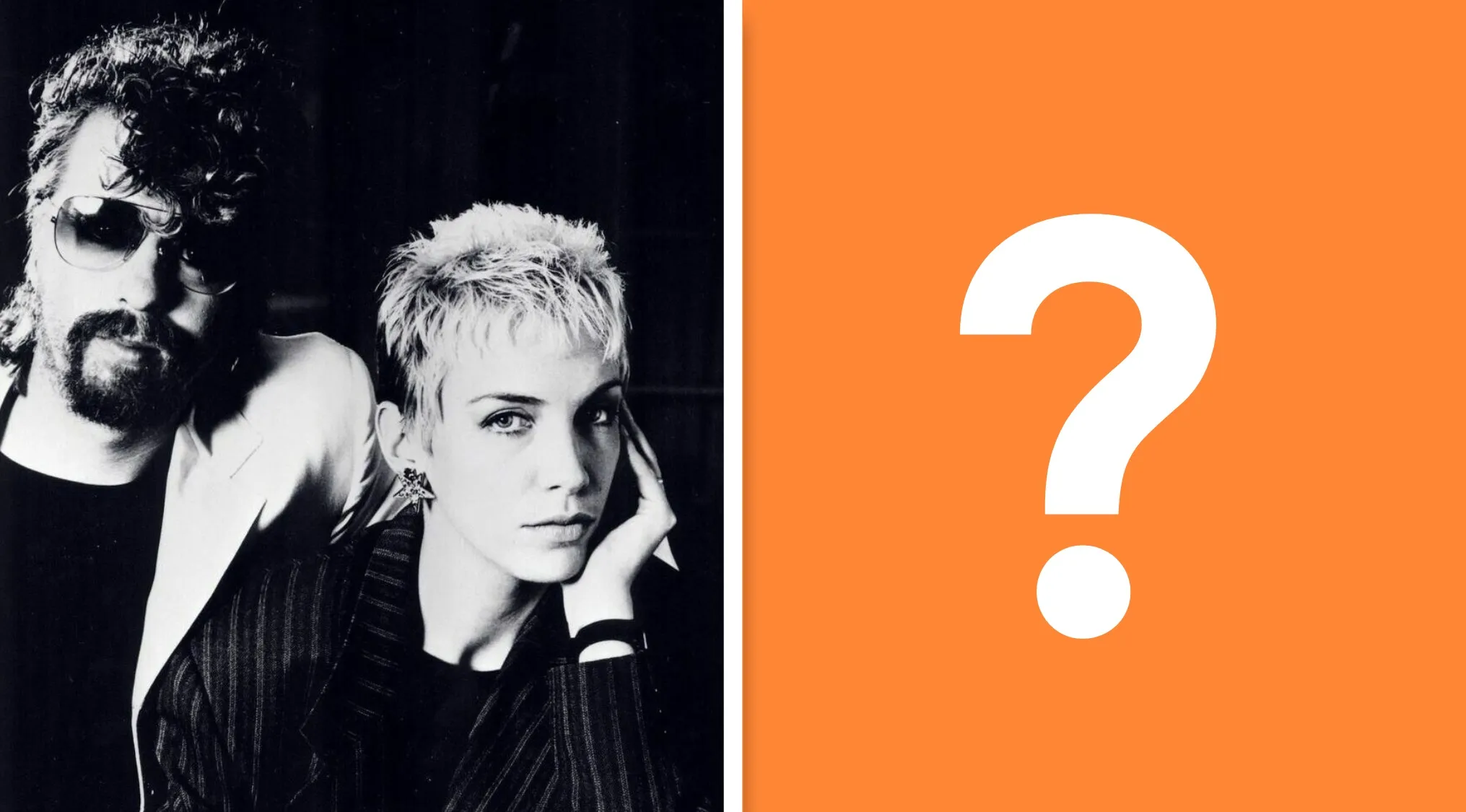 Black and white photo of the British duo Eurythmics with a large orange question mark beside them.