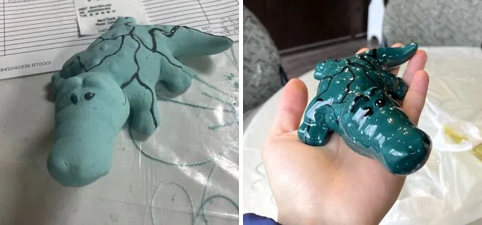 Before And After Baking My Clay Crocodile