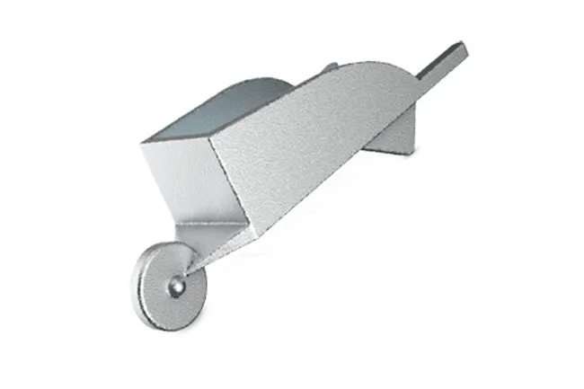 Silver Monopoly token wheelbarrow with a single front wheel and open container, classic game piece detail.