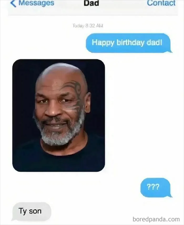 Text message meme showing a birthday greeting and a humorous unexpected photo, highlighting memes people pay for online.