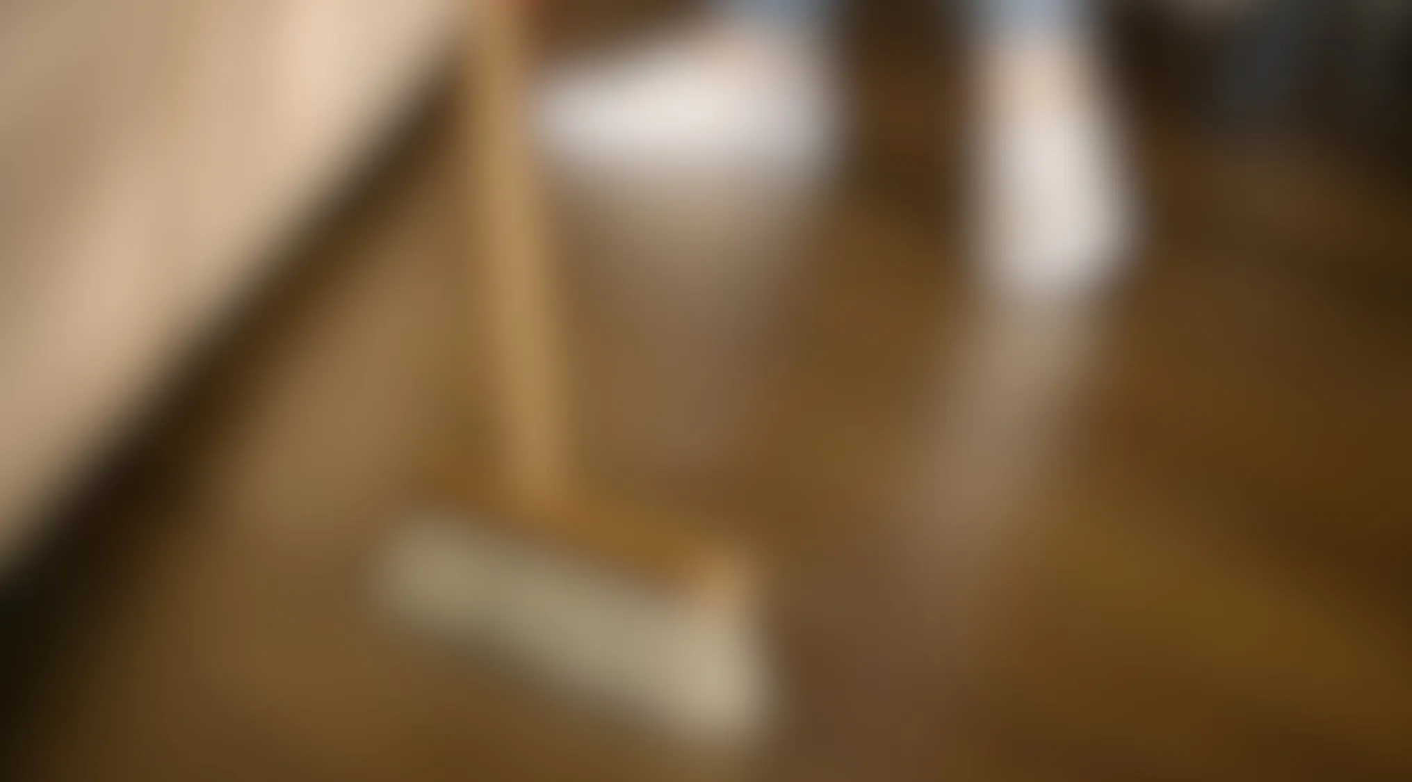 Blurry image showing a common household item on a wooden floor near furniture, focusing on everyday objects.