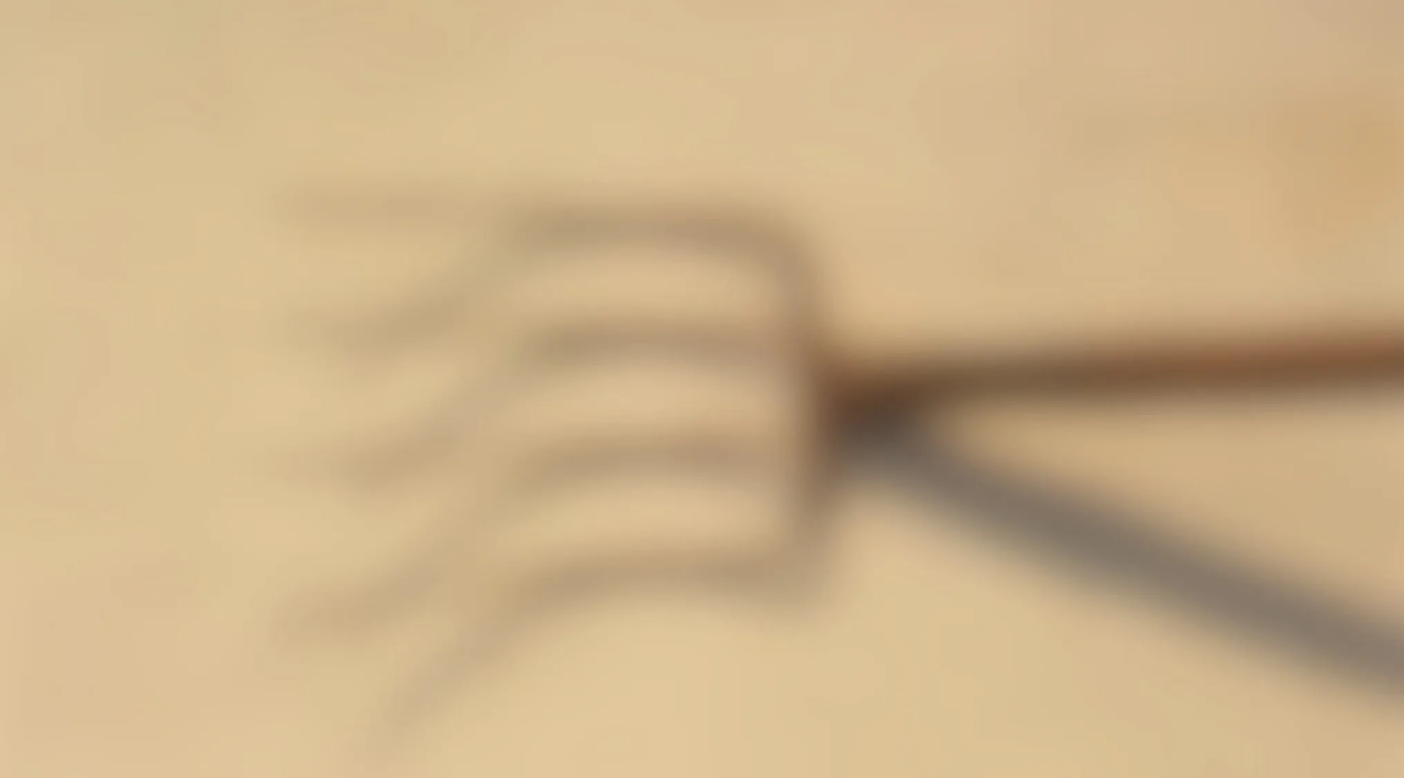 Blurry images showing an out-of-focus garden fork tool with a wooden handle on a beige background