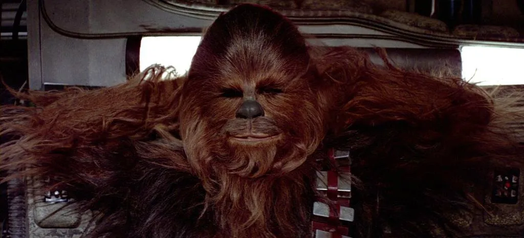 Chewbacca from Star Wars relaxing inside the Millennium Falcon with eyes closed and arms behind head.