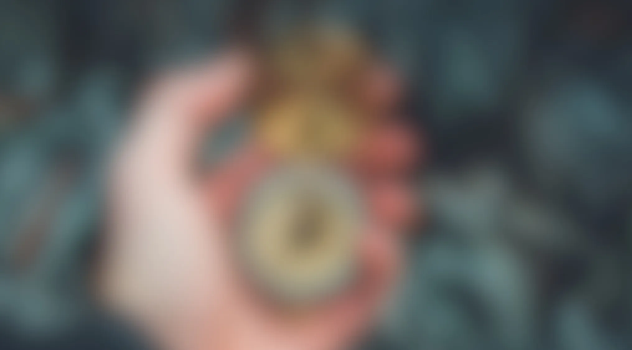 Blurry image of a hand holding an object, challenging viewers to make out the object in this picture.