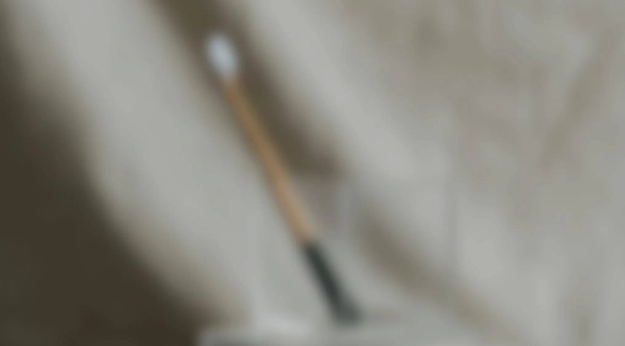 Blurry image showing an indistinct item with a long handle leaning against a textured wall background.