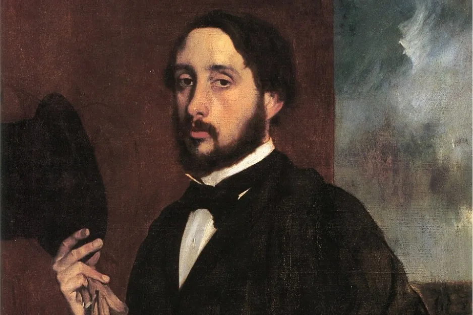 Man in black suit holding hat, with beard and mustache, painted in Renaissance style associated with Edgar Degas artwork.
