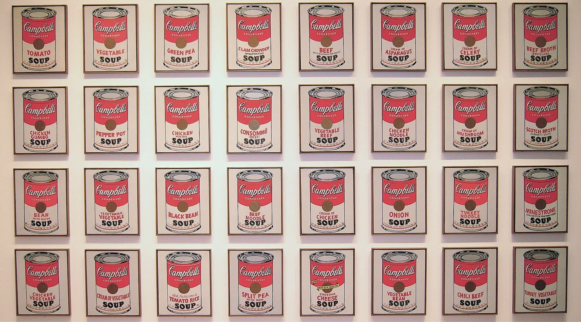Grid of framed Campbell Soup cans representing the Pop Art movement inspired by Andy Warhol's artwork.