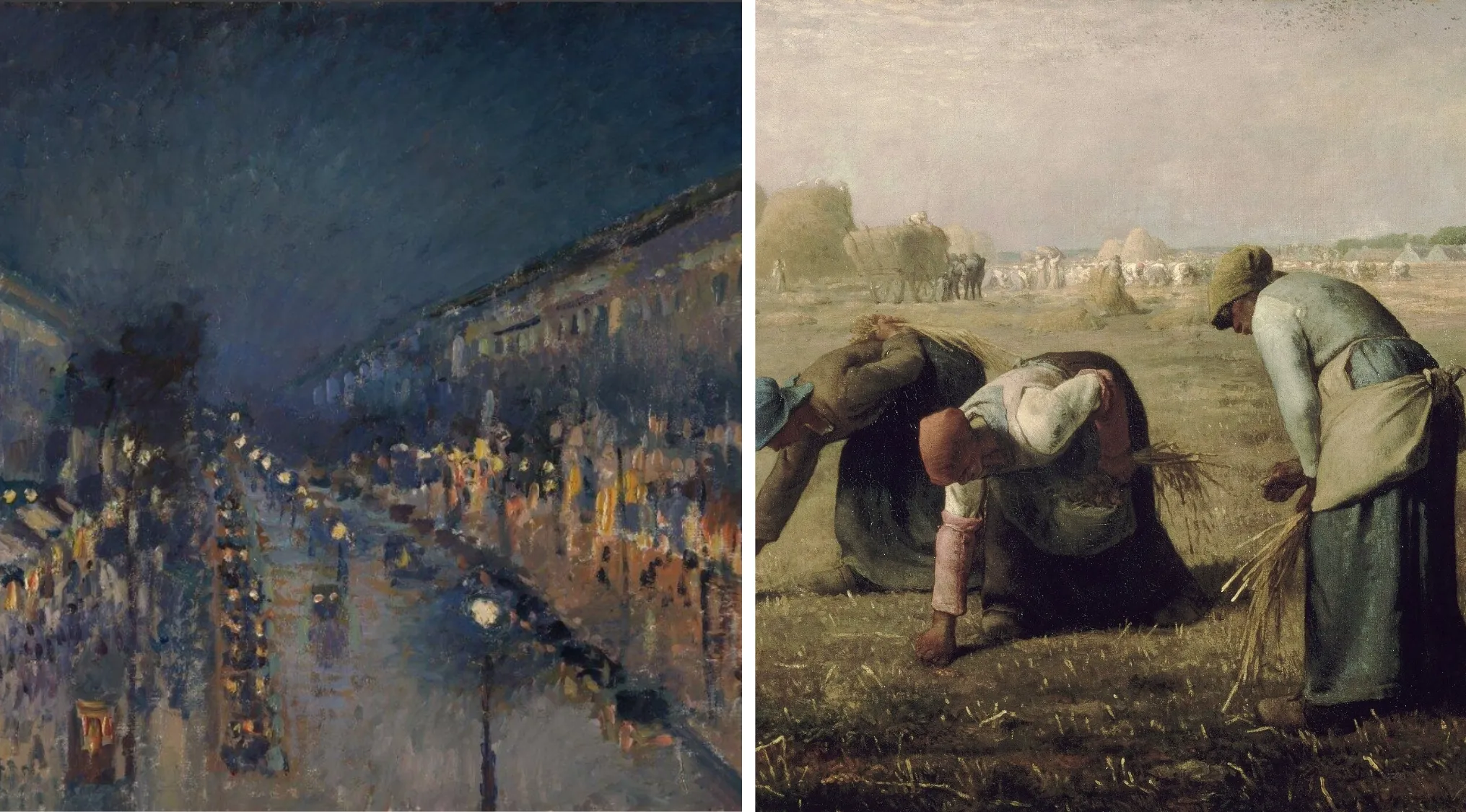 Side-by-side comparison of Boulevard Montmartre at Night and The Gleaners showcasing realism in art periods.