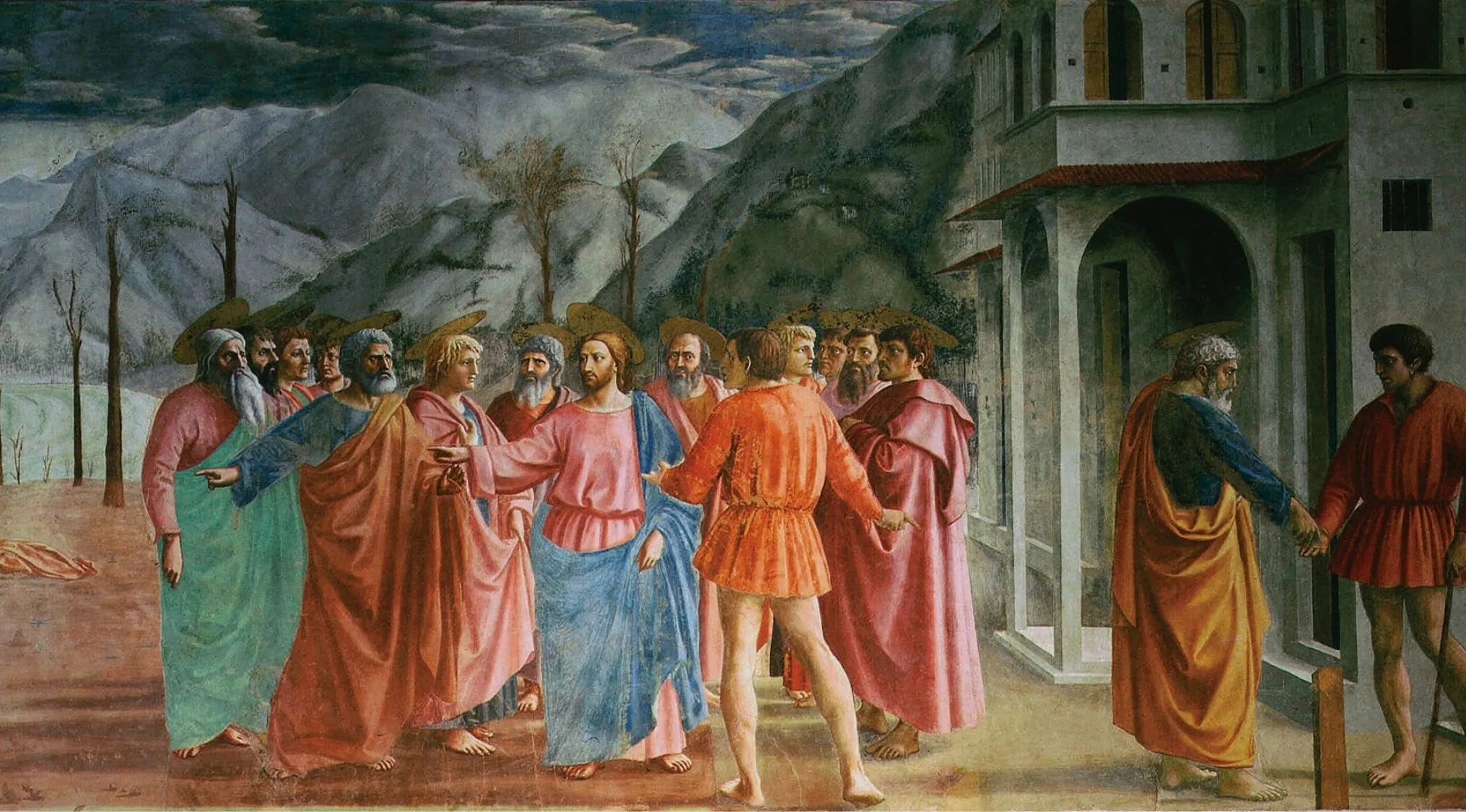The Tribute Money painting depicting a biblical scene with figures in Renaissance period style and landscape.