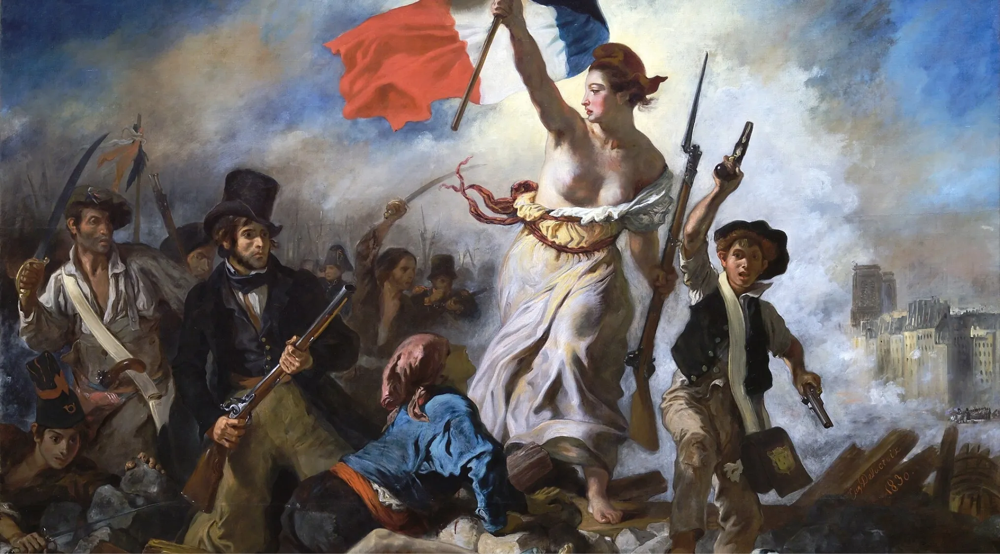 Liberty leading a group of revolutionaries with a French flag, showing Baroque style elements in the painting.