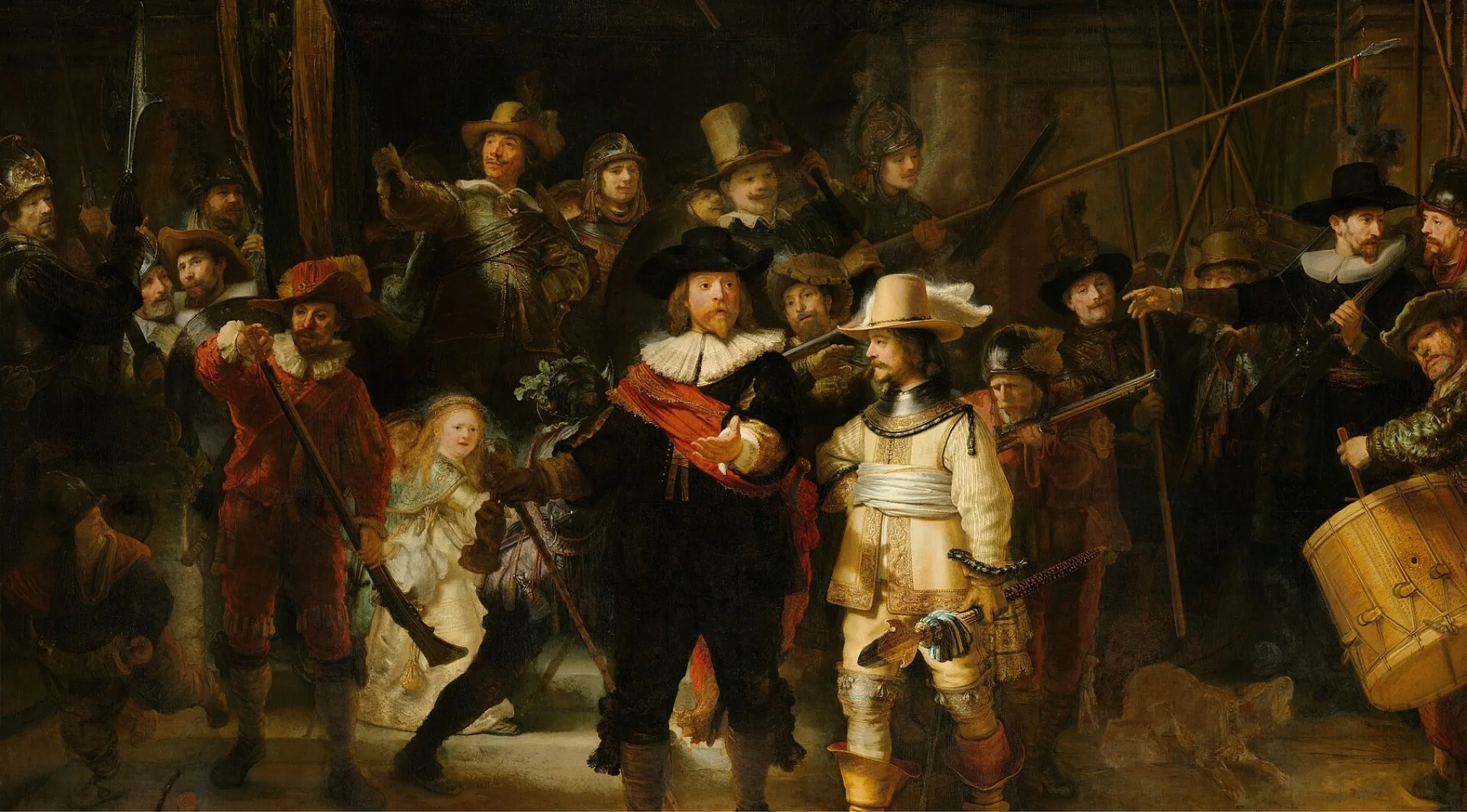 Baroque style is clearly visible in the detailed Night Watch painting showing a group of armed men in period clothing.
