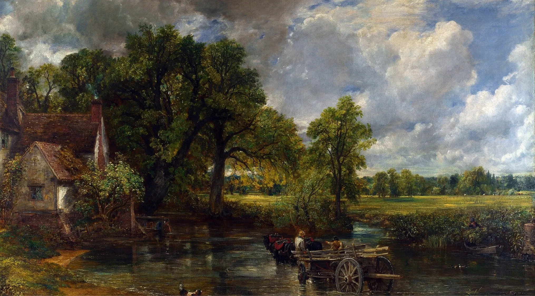 Romanticism in art landscape showing countryside with trees, cottage, horses, and cloudy sky in 19th century style.