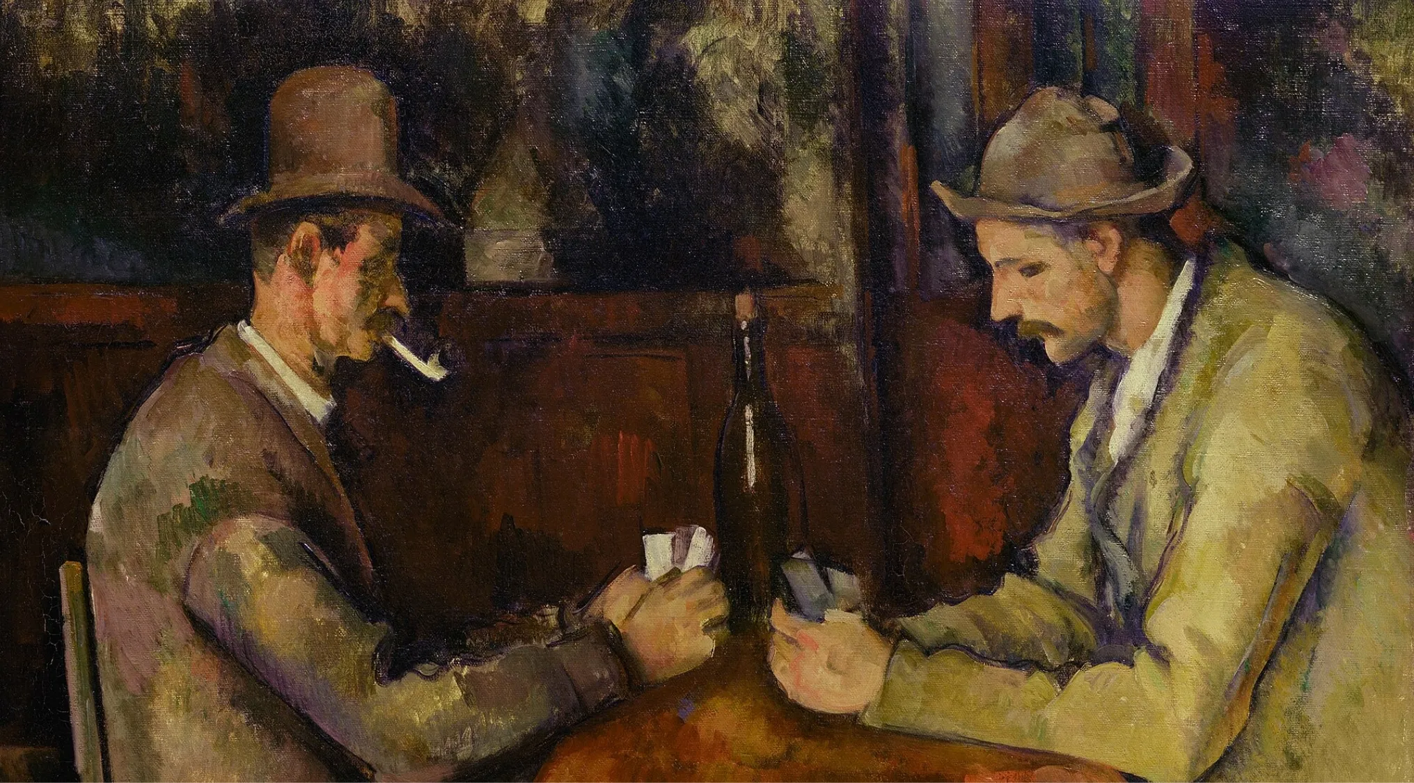 Two men playing cards at a table with a bottle, painted in the Post-Impressionism art period style.