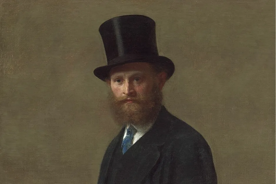 Portrait of Édouard Manet wearing a black top hat and dark coat, closely associated with the Impressionism period.