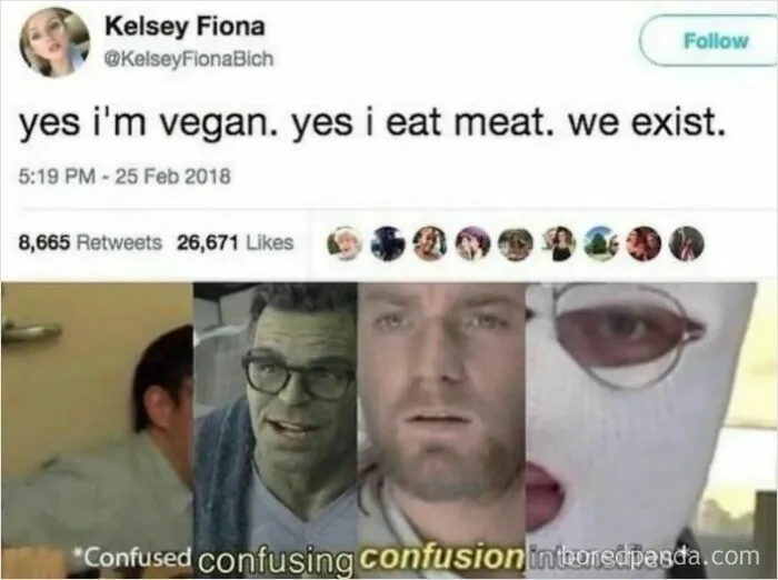 Tweet stating yes to being vegan and eating meat with photos showing confused expressions, highlighting popular internet memes.