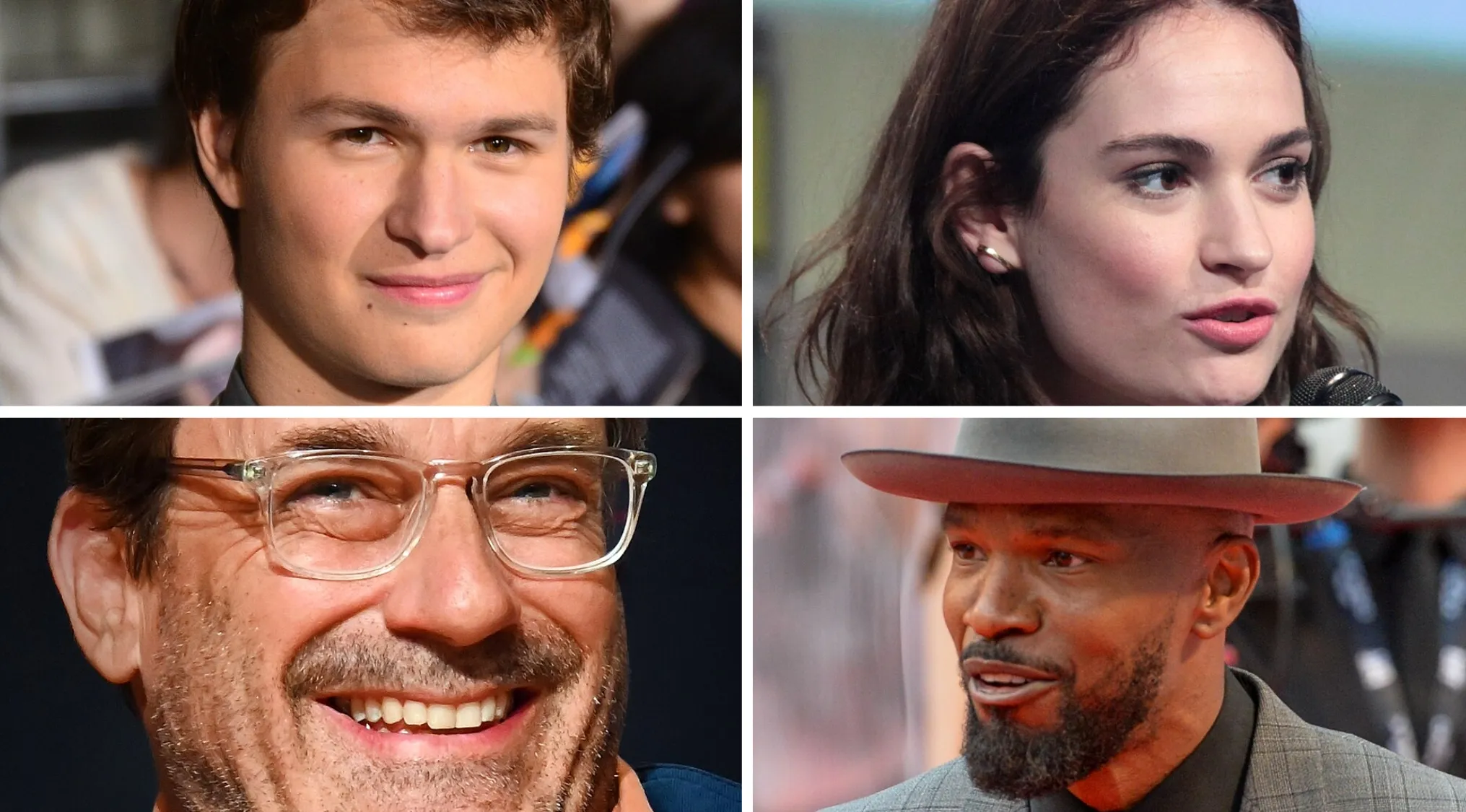 Four actors featured in a cast collage for guess the movie from the cast game part 2 with diverse expressions.