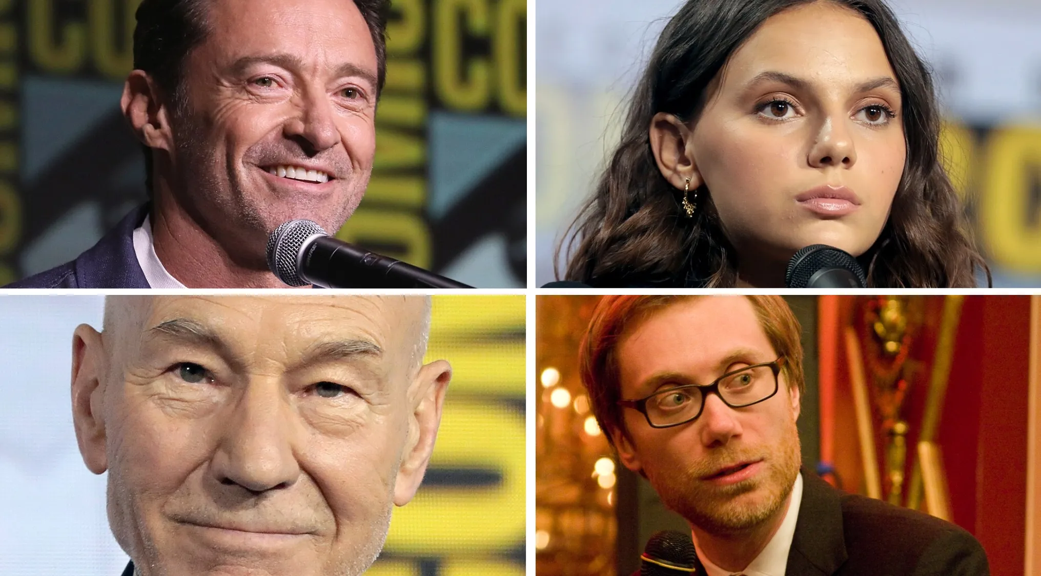 Four actors speaking into microphones at different events, a movie cast guessing challenge based on the cast.