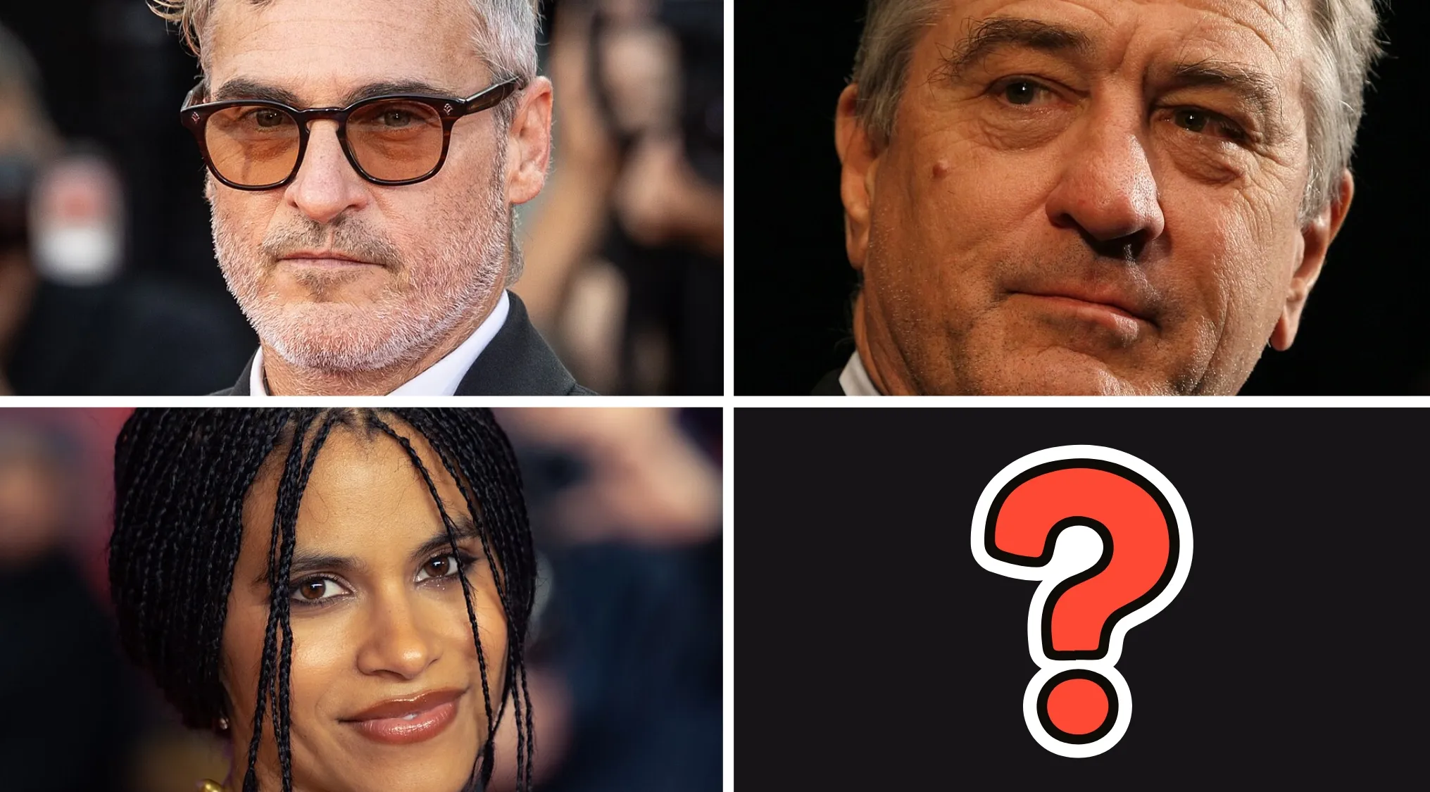 Four-part image showing three actors in close-up and one section with a red question mark guessing the missing movie cast actor.