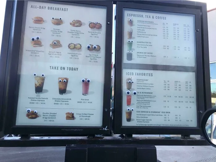Someone Added Googly Eyes To Every Single Item On This Starbucks Drive-Thru Menu