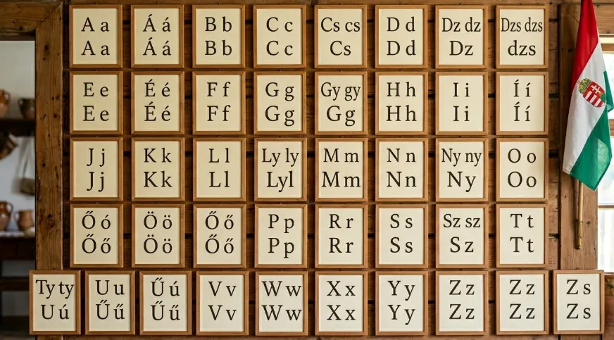 Hungarian alphabet displayed on wooden frames with a Hungarian flag, illustrating the Uralic language family.