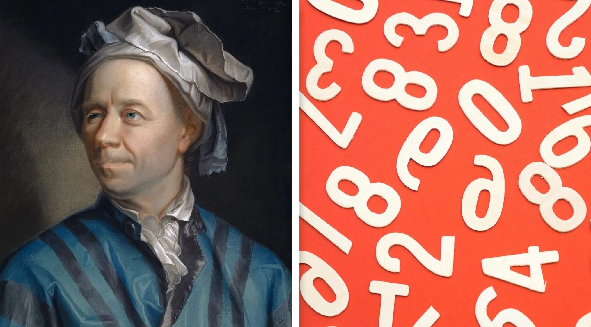 Portrait of mathematician Leonhard Euler wearing a striped robe beside scattered wooden numbers on a red background.