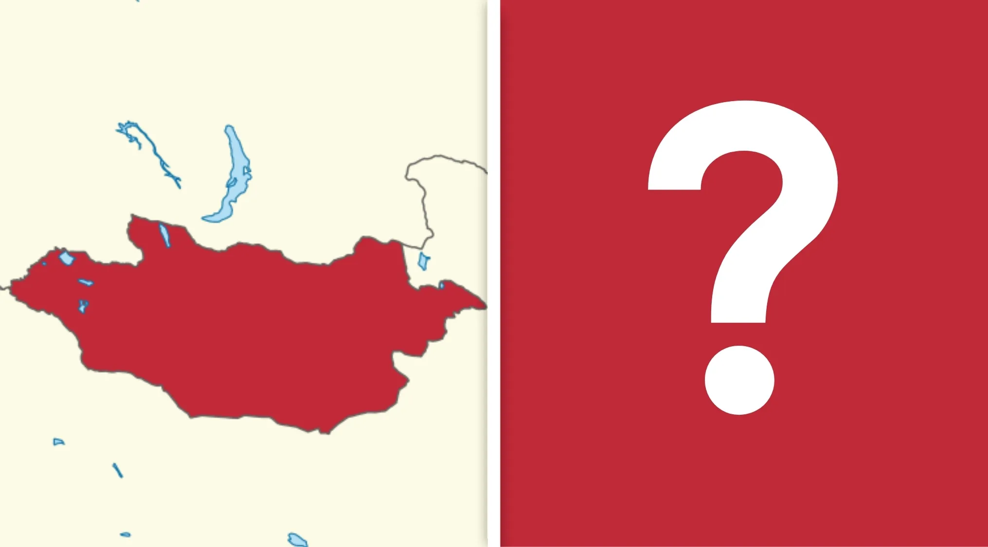 Map of Mongolia highlighted in red next to a large white question mark on red background for capital quiz.