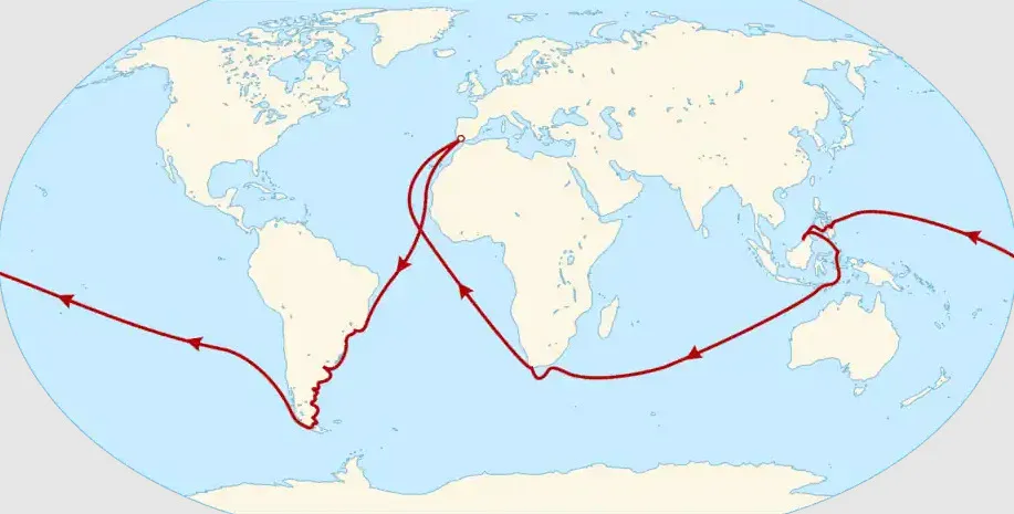 World map showing the route of the first famous explorer to circumnavigate the globe with a red line tracing the journey.