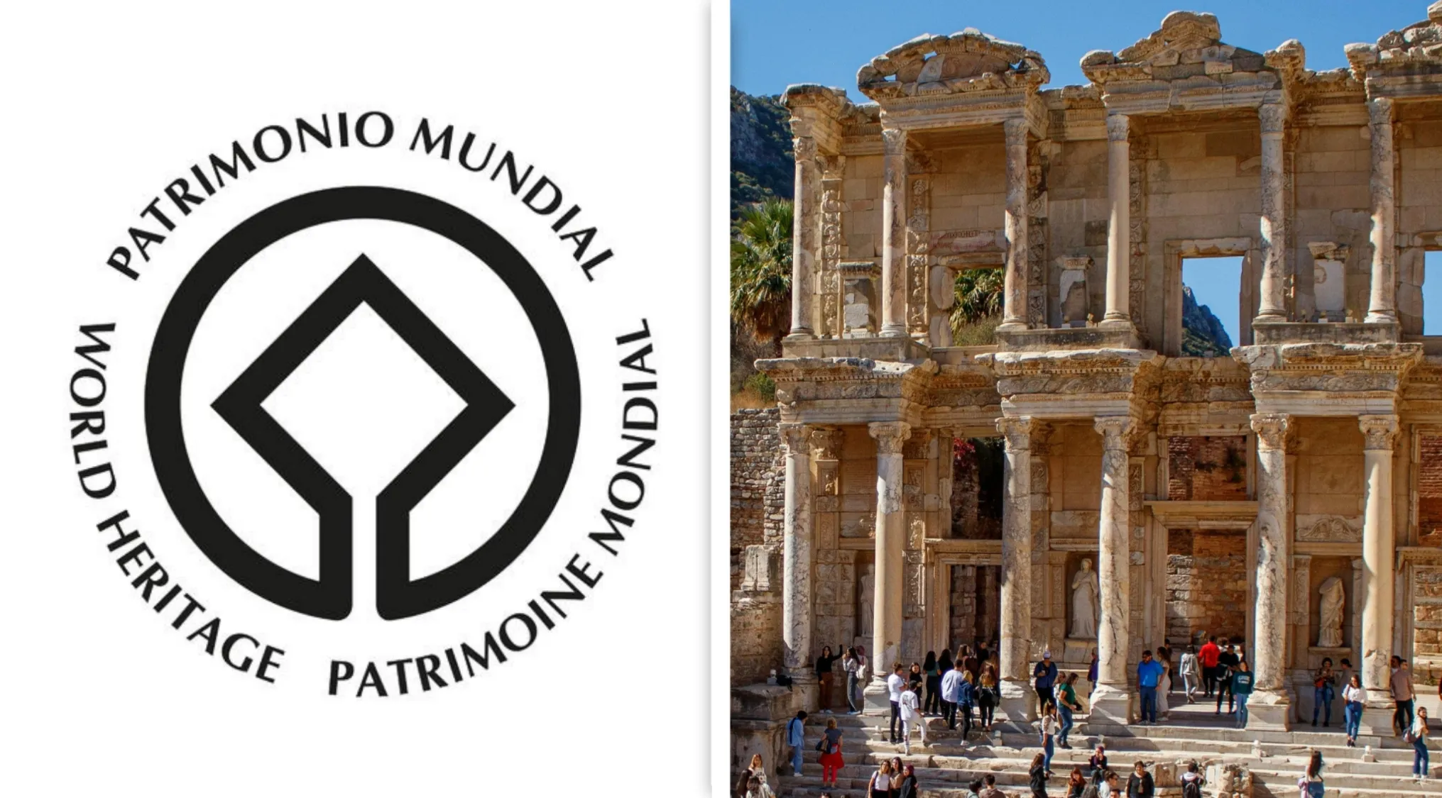 UNESCO World Heritage Sites logo next to an ancient historic site crowded with tourists under a clear blue sky.