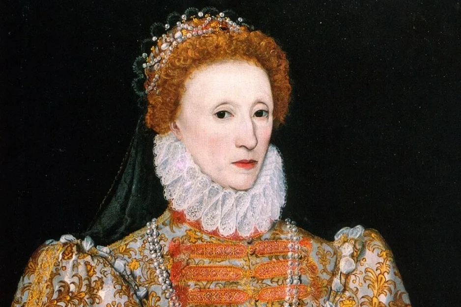 Portrait of the longest-reigning British monarch before Queen Elizabeth, wearing elaborate Elizabethan attire and a jeweled crown.