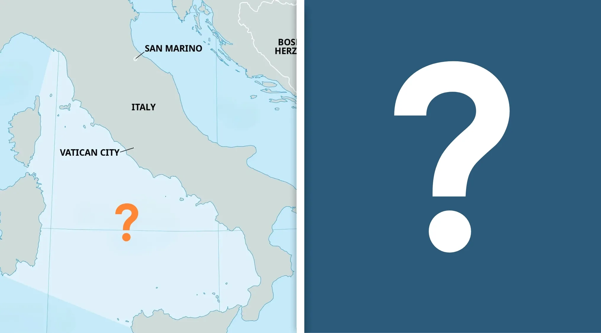 Map showing a sea near Italy and Vatican City with a question mark, part of a difficult general knowledge quiz.