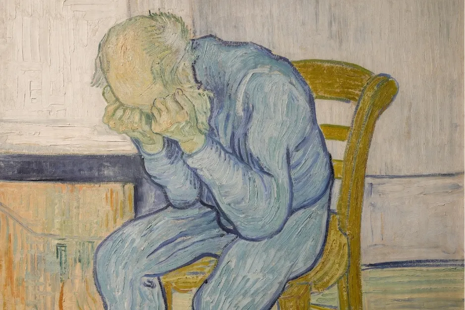 Painting At Eternity's Gate shows a distressed man sitting on a wooden chair, painted with expressive brushstrokes.