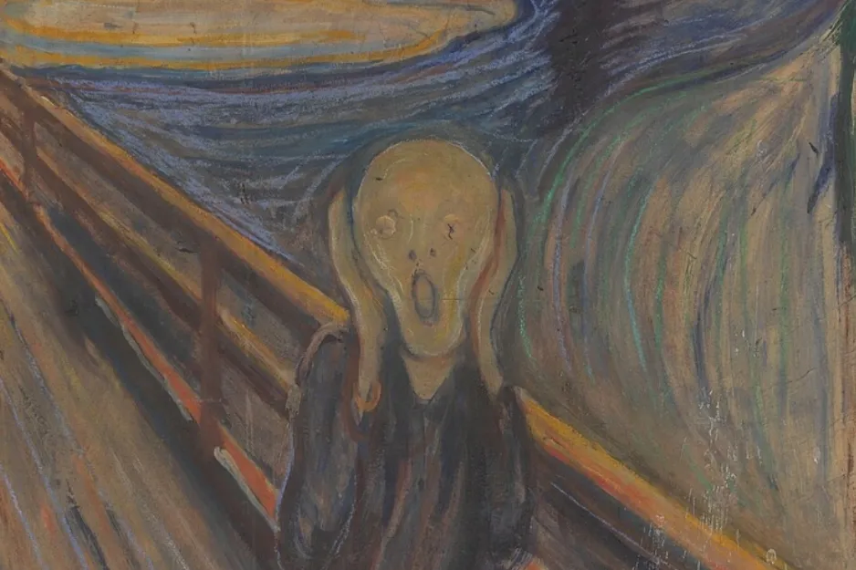 The Scream painting by Edvard Munch depicting a figure on a bridge with swirling sky and intense emotion.