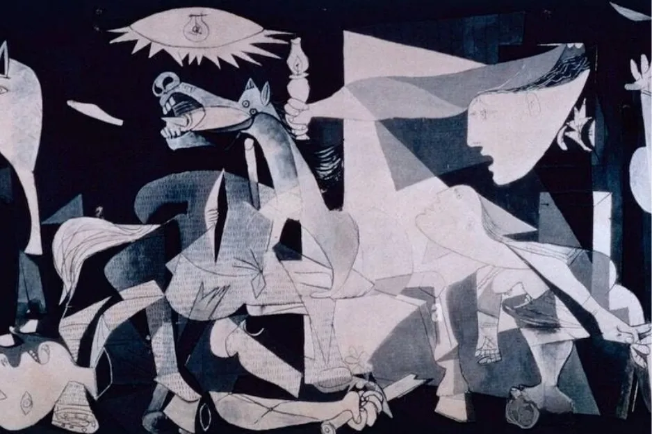 Guernica by Pablo Picasso showing a chaotic scene with distressed figures and animals in monochrome tones.