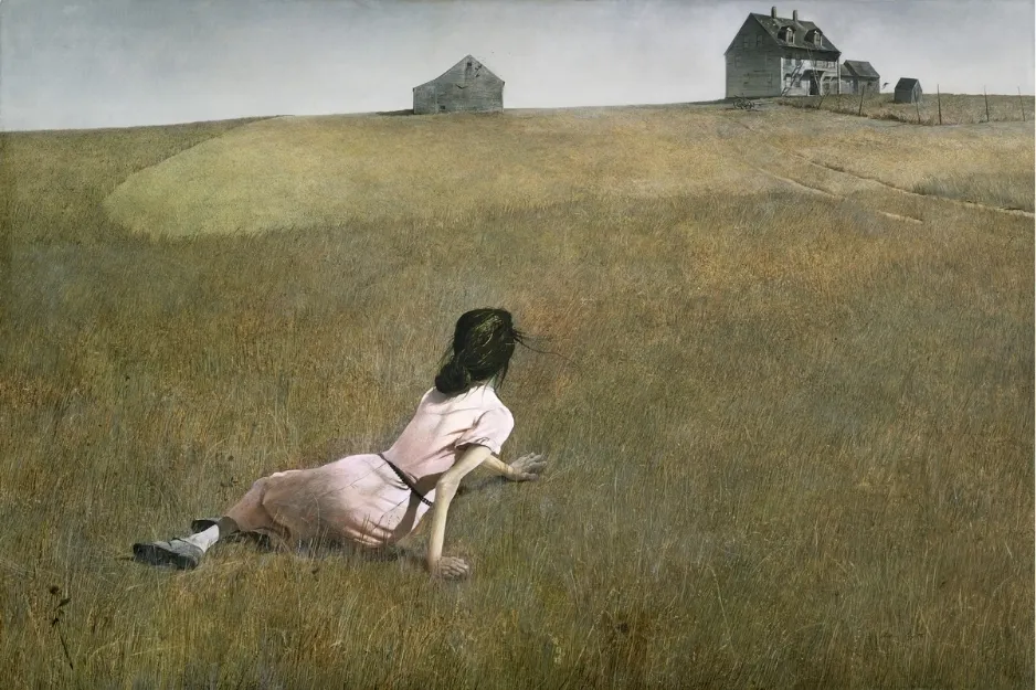 Woman lying in a grassy field looking toward two houses on a hill, depicting Christina's World painting by Andrew Wyeth.