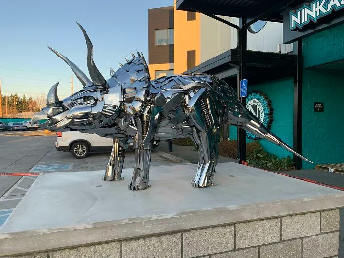Tricerahops Sculpture At Ninkasi - Recycled Chrome Motorcycle Parts