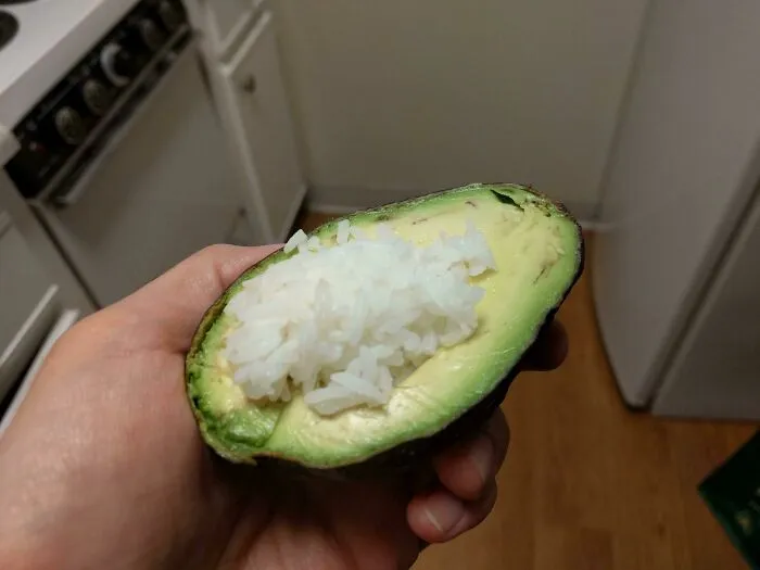 Avocado With Plain White Rice And Salt. Add Soy Sauce If You Think You're Better Than Me
