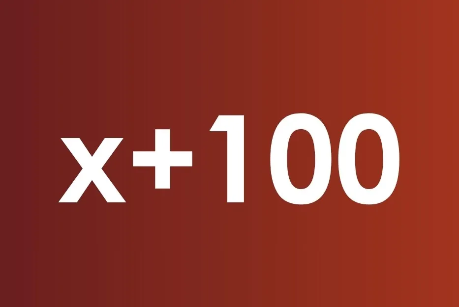 Mathematical expression x plus 100 in large white font on a red gradient background illustrating growth for large values of x.