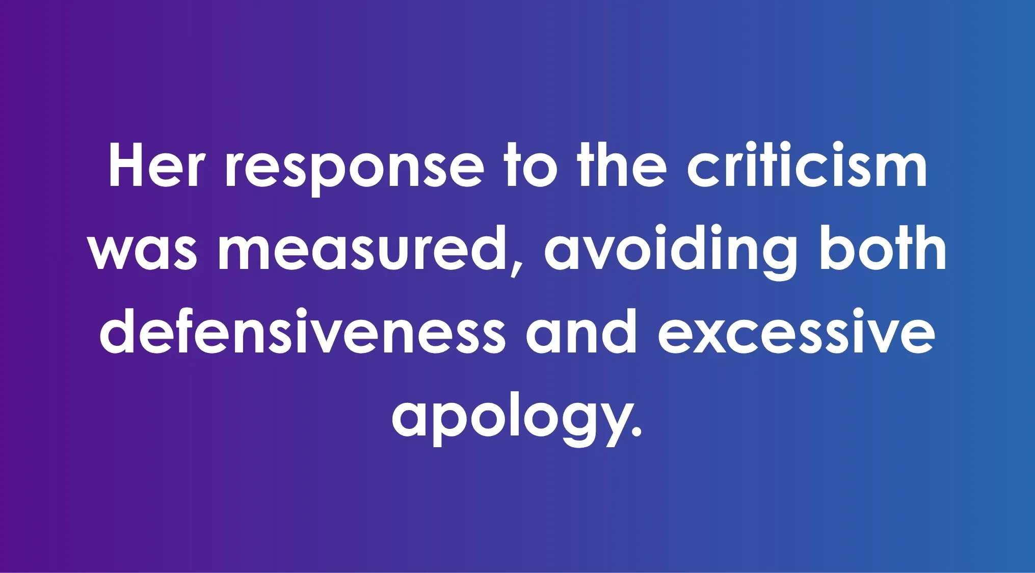 Text on a purple to blue gradient background about a measured response avoiding defensiveness and excessive apology for SAT exam trivia.