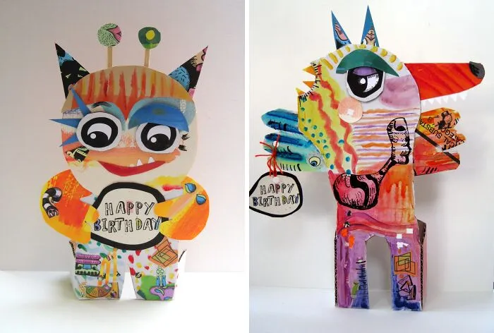 Colorful creatures made from trash, repurposed into surprisingly useful or artistic birthday cards. Creative people transform trash into art.