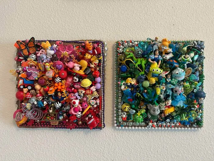 Two colorful panels of trash art made from toys, beads, and figurines, showing creative people transforming trash into art.