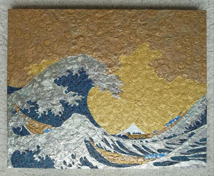 "Hokusai's Great Wave", Me, Recycled Wine Foils On Wood Block, 2020
