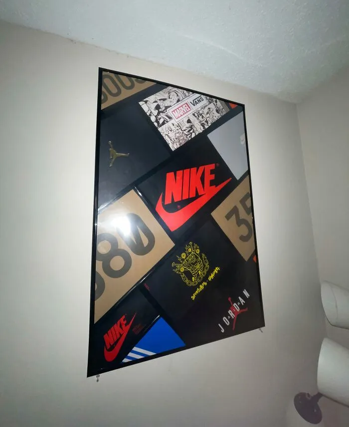 Creative people turned shoe boxes into wall art, featuring Nike, Jordan, Marvel, and Vans logos.