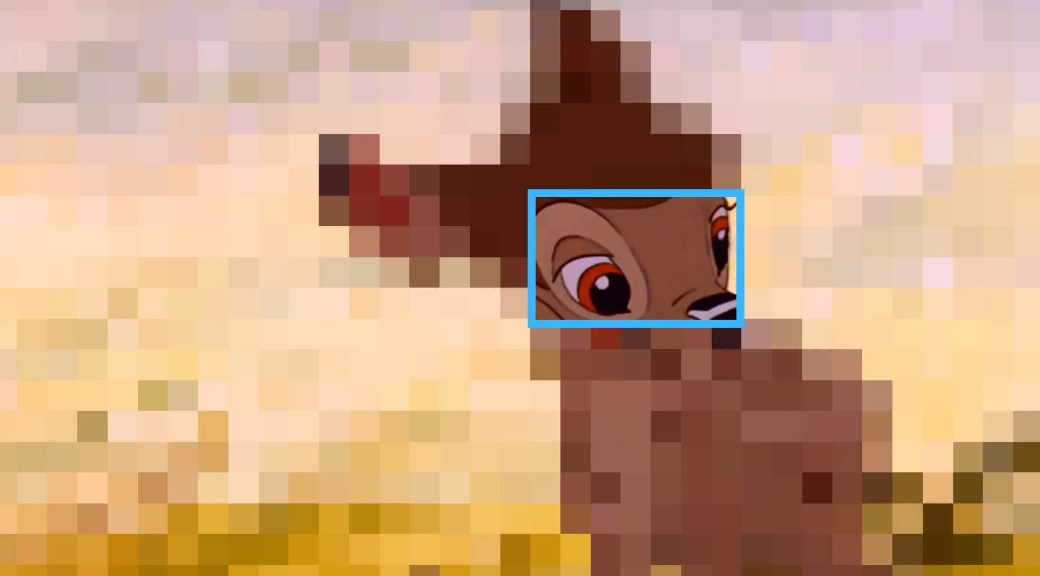 Closeup of Disney characters eyes highlighting whose eyes are these in an animated deer scene on a blurred background