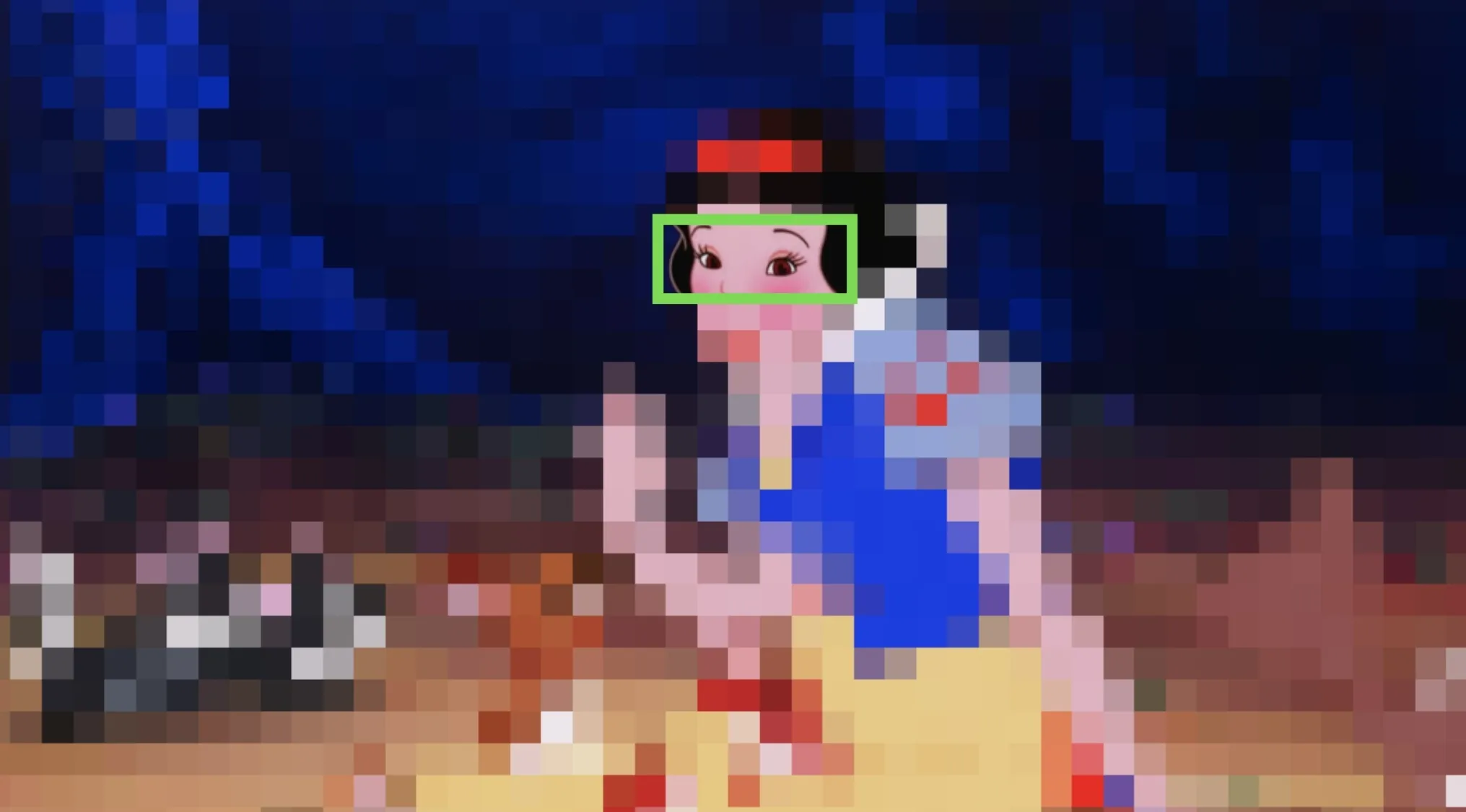 Disney characters eyes close-up on Snow White with a colorful background in an animated scene