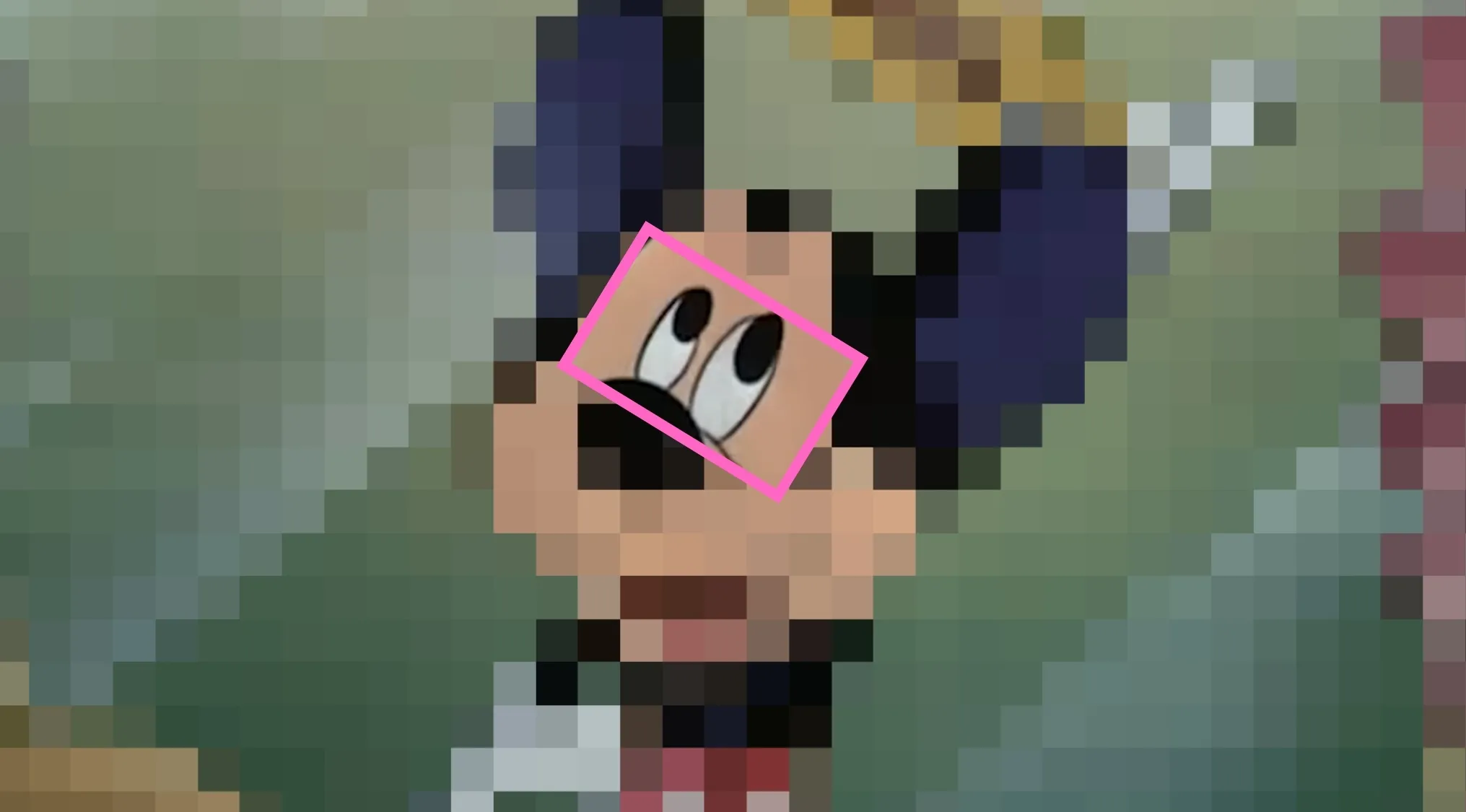 Close-up of Disney characters' eyes highlighted with a pink outline on a pixelated cartoon figure background.